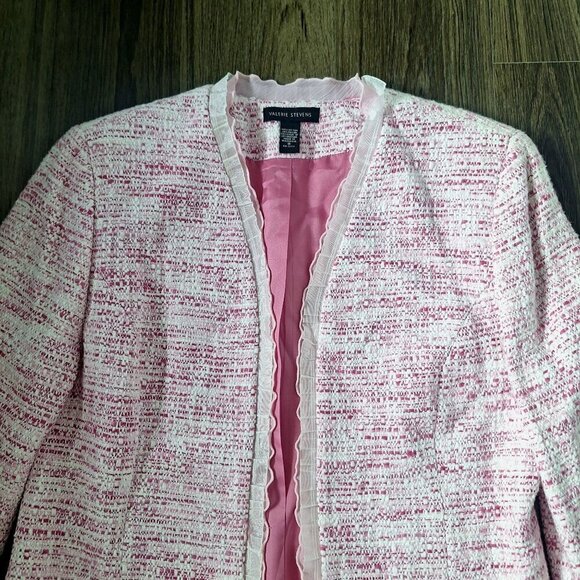 💙 Valerie Steven's Tweed Pink White Cotton Blend Shoulder Pads Blazer Size 8 - Picture 2 of 10
